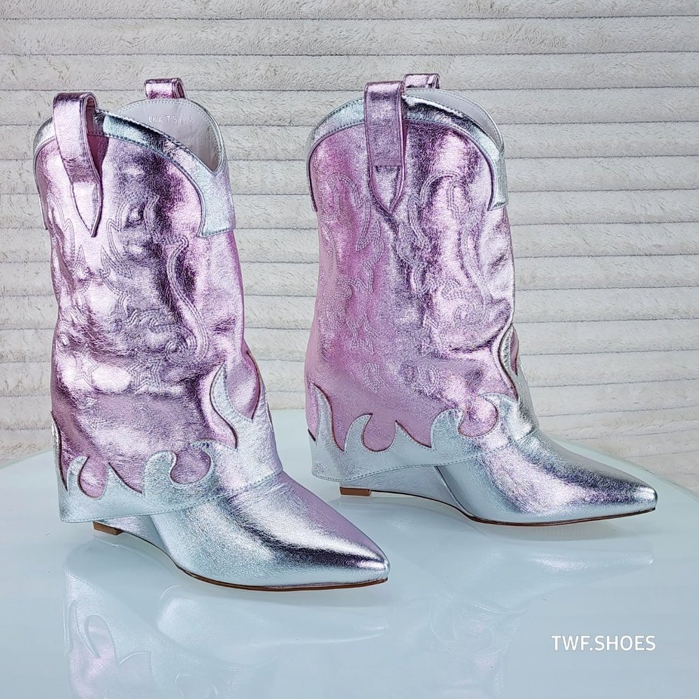 Show Off By Azalea Wang Silver Metallic Fold Over Western Wedge Ankle Boots - Picture 7 of 10